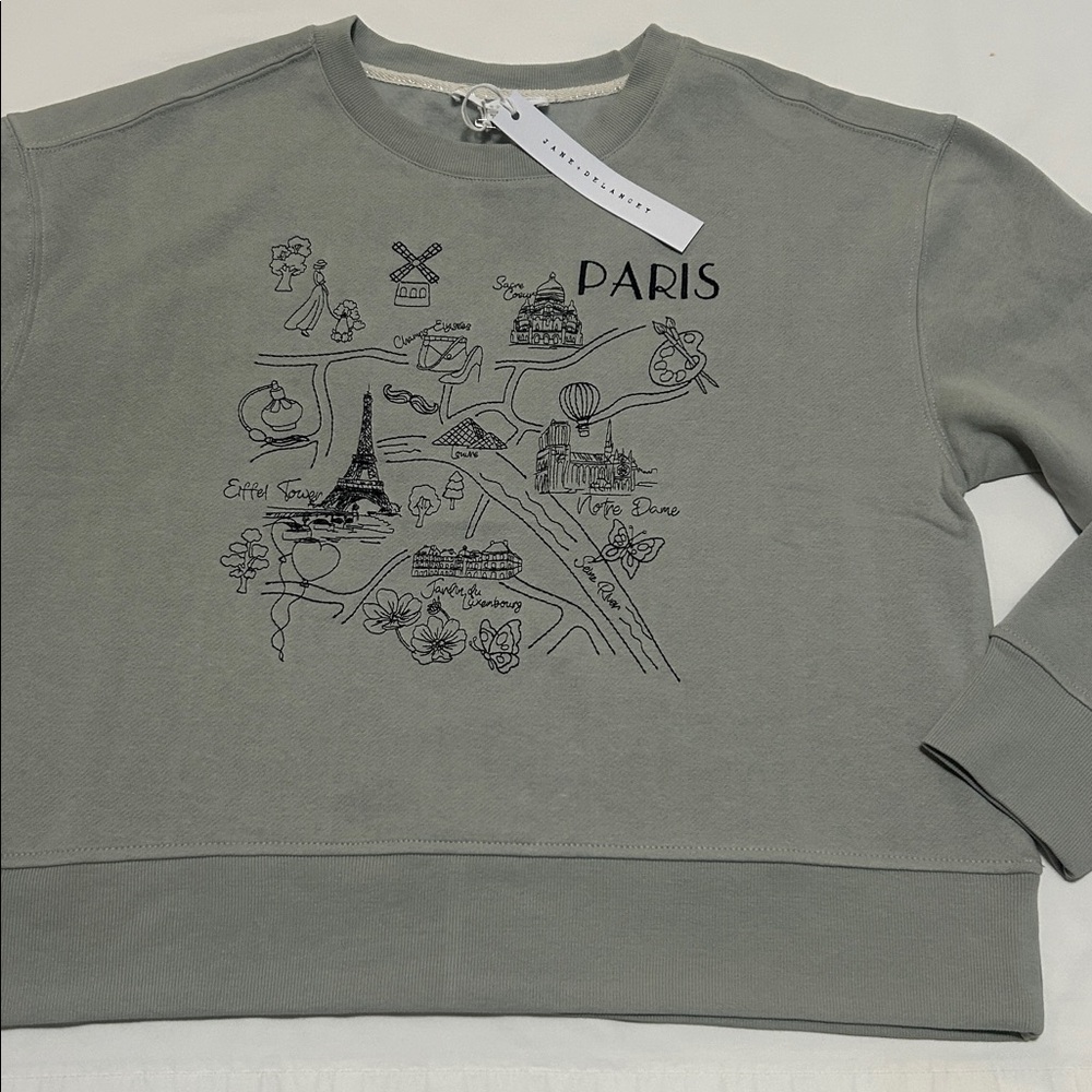 Jane+ Delancey Paris Skyline Light Grayish Green Embroidered Sweatshirt M, L NWT